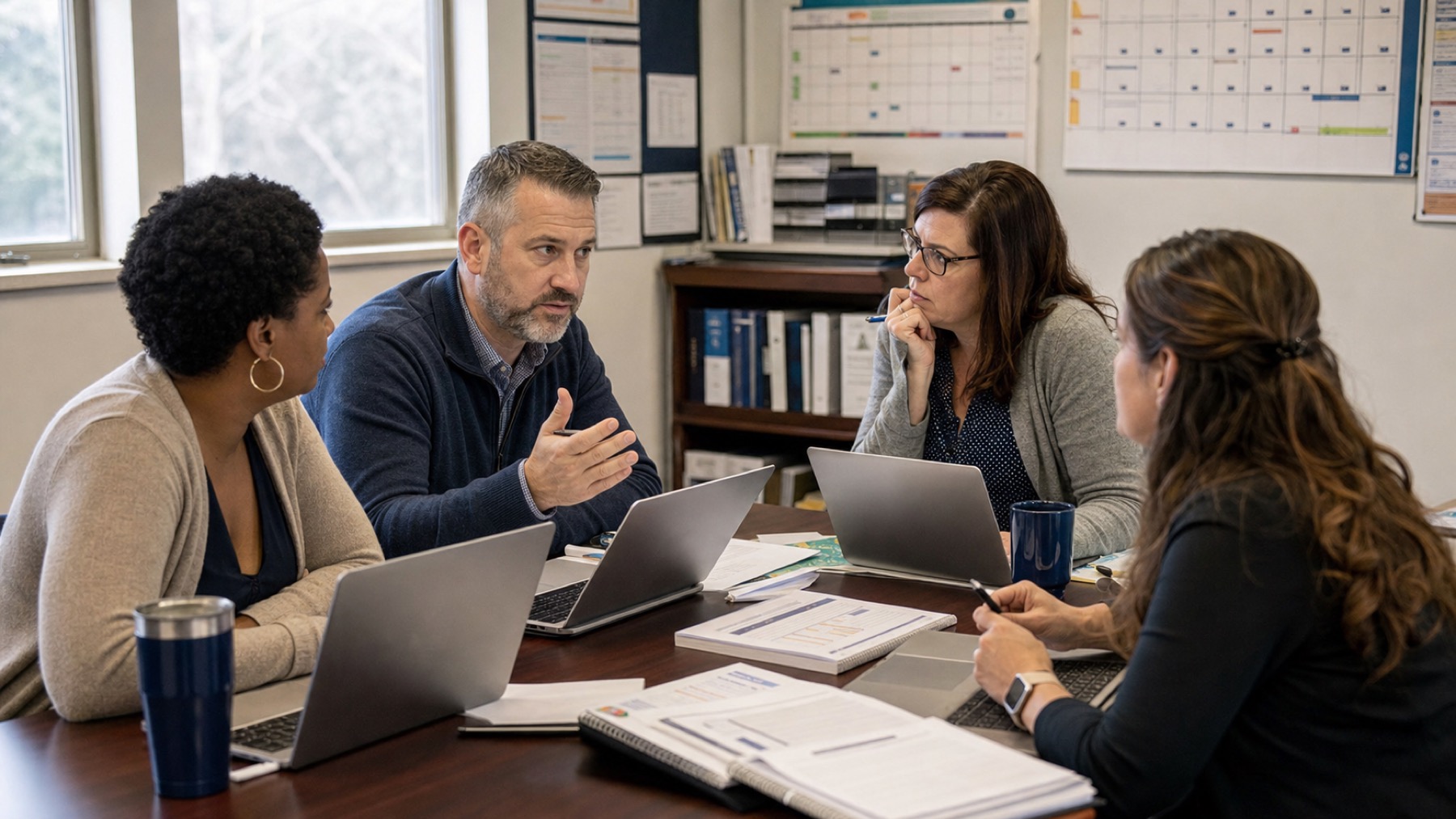 School leaders discussing plans in a conference room